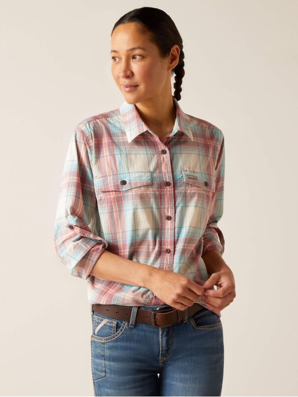 Ariat  Rebar Vanilla Ice Plaid Made Tough DuraStretch Long Sleeve Work Shirt